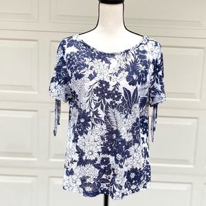 Ann Taylor casual floral top with flirty tie at shoulders.